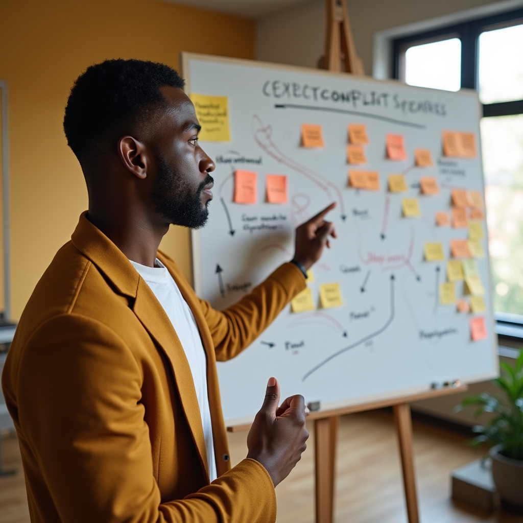 Consultant mapping recurring workplace conflicts on a whiteboard with sticky notes