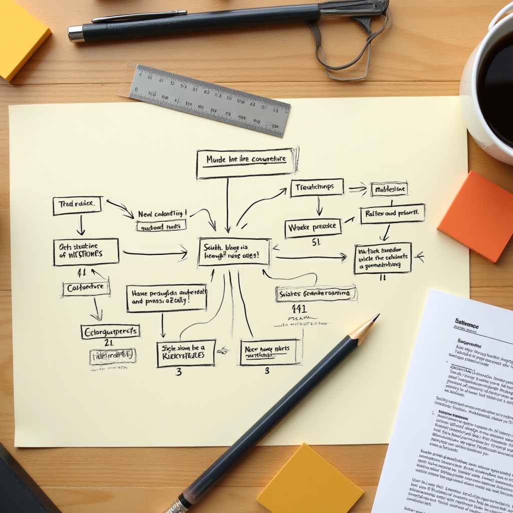 Professional sketching a document structure on paper, organizing situations and rules in a logical hierarchy