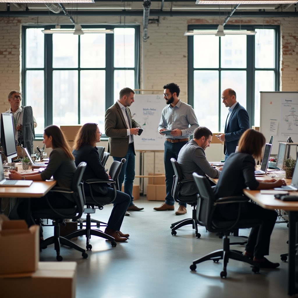 A growing company team in a transitional moment, some standing some seated, discussing organizational changes