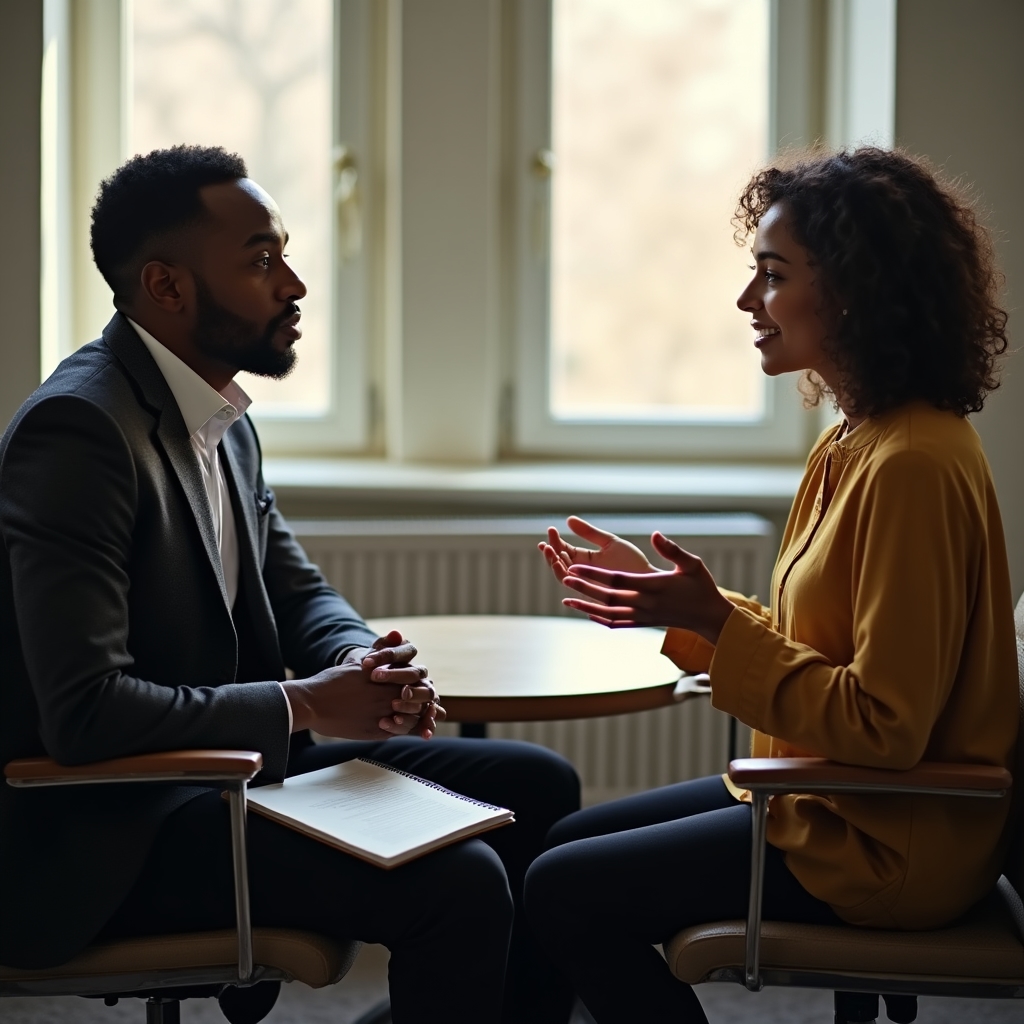 Consultant conducting a structured listening interview with a company employee in a calm office setting