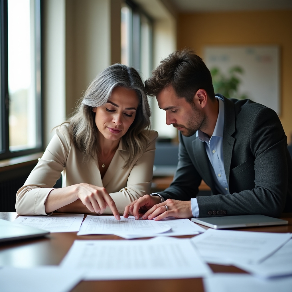 Two professionals collaborating on writing a structured operational rulebook document at a conference table