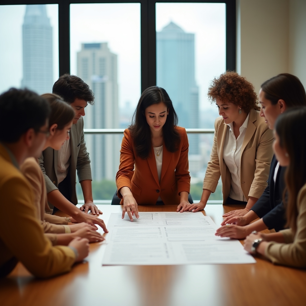 Team discussing operational rules in a modern office