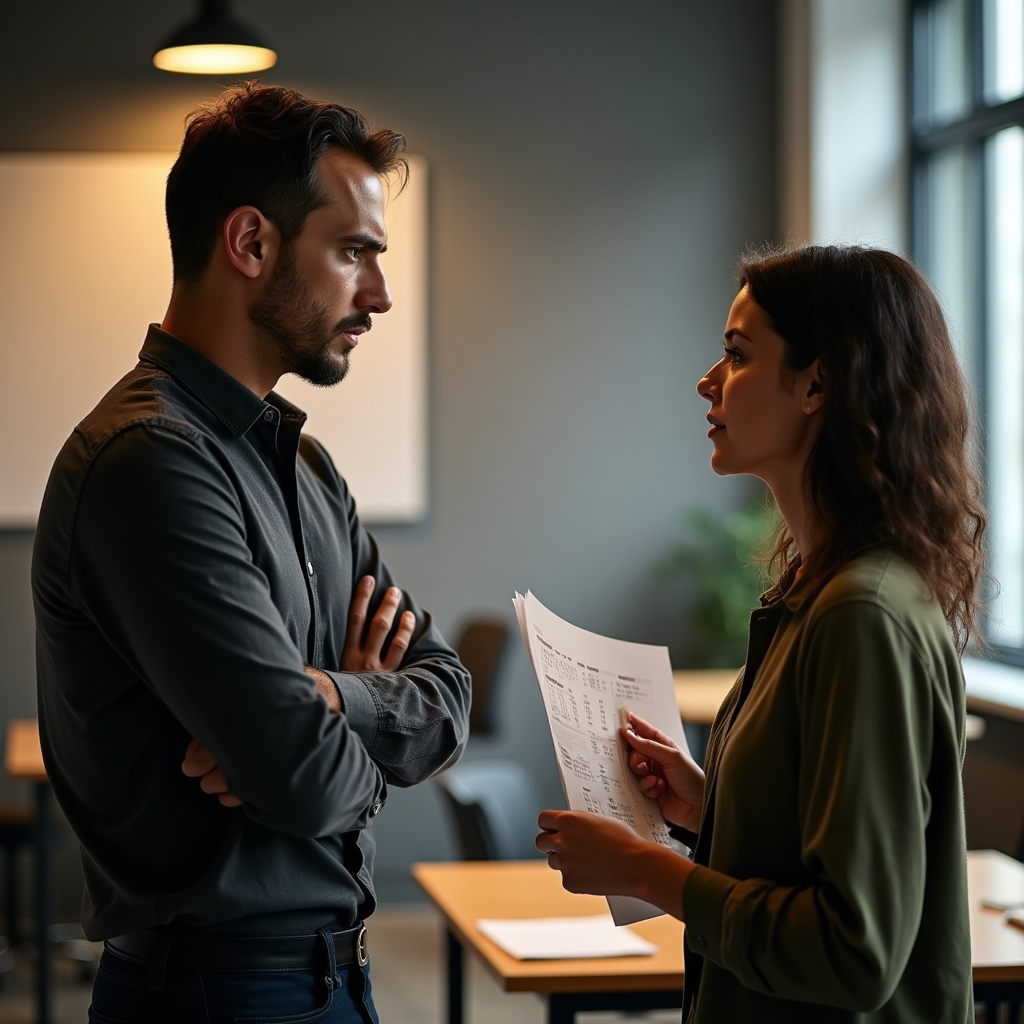 Two colleagues in a tense discussion about conflicting interpretations of an unwritten workplace rule